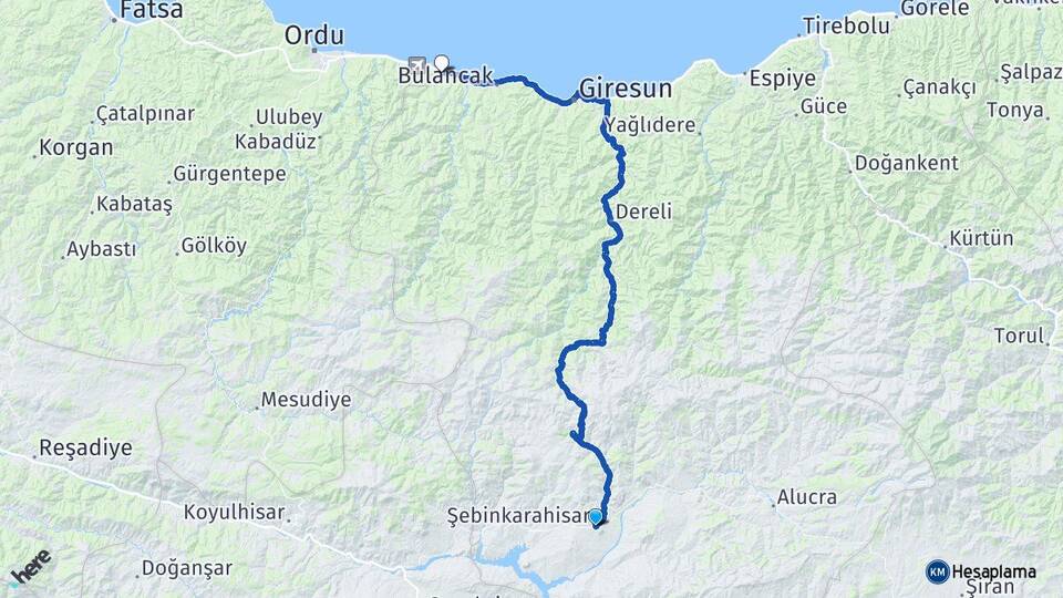 Giresun Şebinkarahisar Piraziz Arası Kaç Km - Yol Haritası