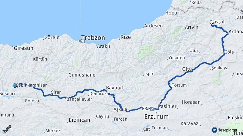 Giresun Şebinkarahisar Şavşat Artvin Arası Kaç Km - Yol Haritası