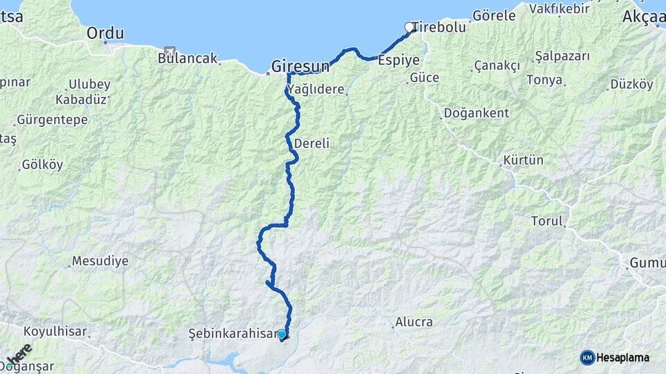Giresun Şebinkarahisar Tirebolu Arası Kaç Km - Yol Haritası