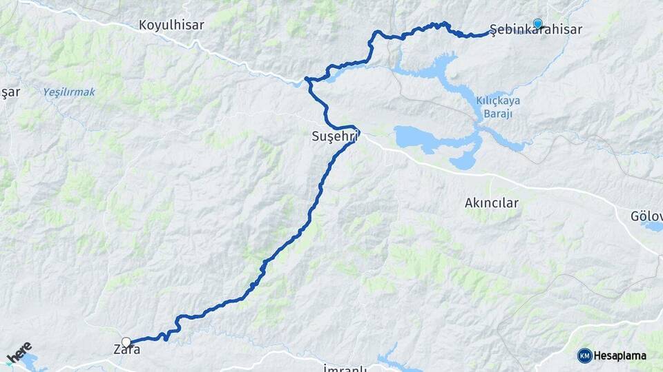 Giresun Şebinkarahisar Zara Sivas Arası Kaç Km - Yol Haritası