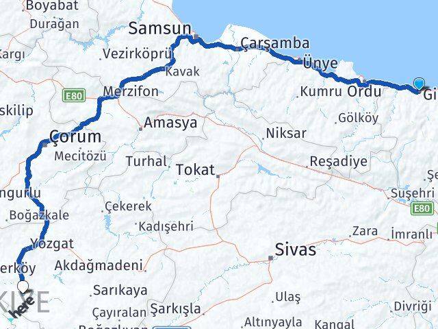 Giresun Şefaatli Yozgat Arası Kaç Km - Yol Haritası