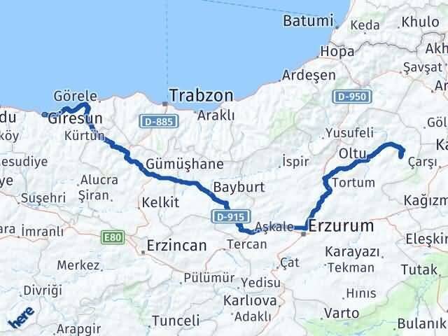 Giresun Şenkaya Erzurum Arası Kaç Km - Yol Haritası