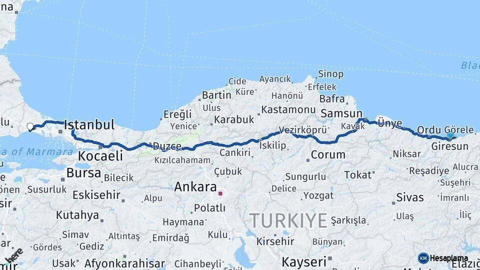 Giresun Silivri İstanbul Arası Kaç Km - Yol Haritası
