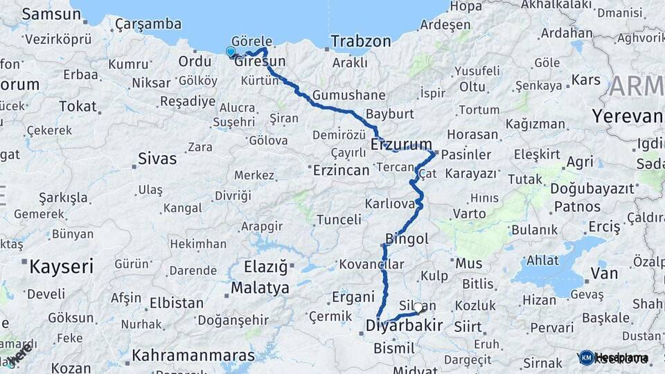 Giresun Silvan Diyarbakır Arası Kaç Km - Yol Haritası