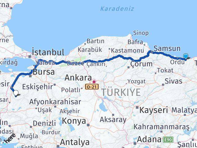 Giresun Sındırgı Balıkesir Arası Kaç Km - Yol Haritası