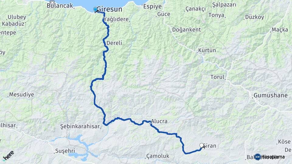 Giresun Şiran Gümüşhane Arası Kaç Km - Yol Haritası