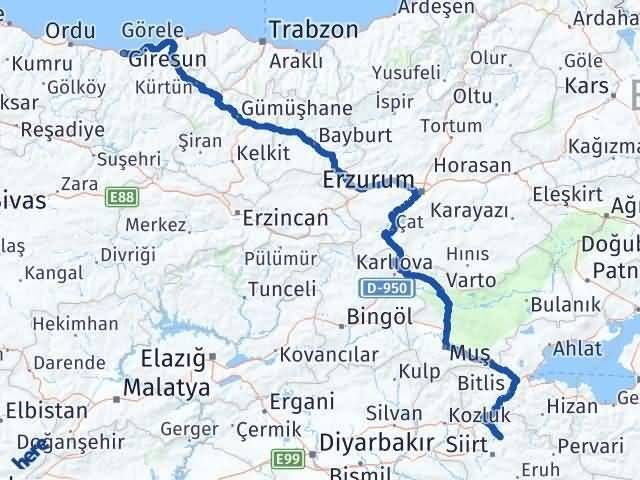 Giresun Şirvan Siirt Arası Kaç Km - Yol Haritası