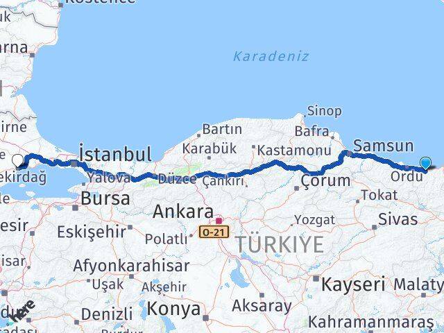 Giresun Süleymanpaşa Tekirdağ Arası Kaç Km - Yol Haritası