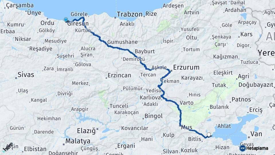 Giresun Tatvan Bitlis Arası Kaç Km - Yol Haritası