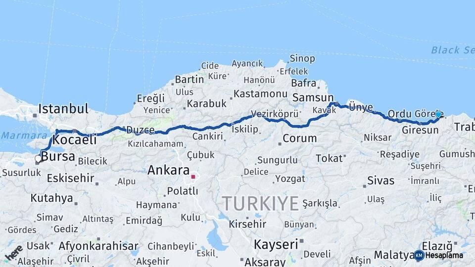 Giresun Tirebolu Bursa Arası Kaç Km - Yol Haritası
