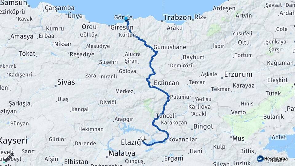 Giresun Tirebolu Elazığ Arası Kaç Km - Yol Haritası