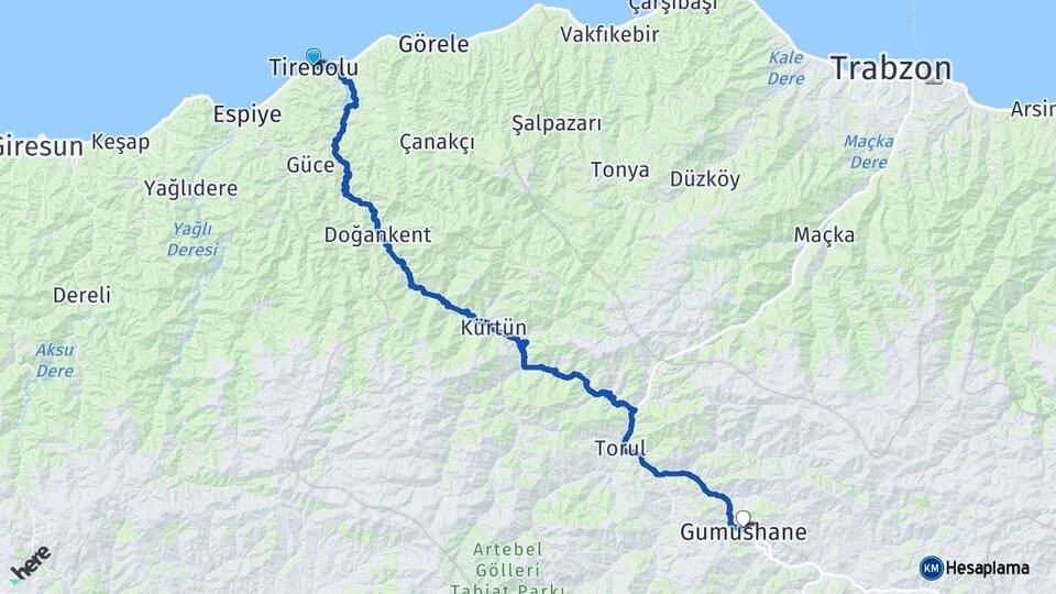 Giresun Tirebolu Gümüşhane Arası Kaç Km - Yol Haritası