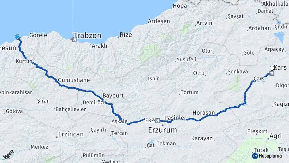 Giresun Tirebolu Kars Arası Kaç Km - Yol Haritası