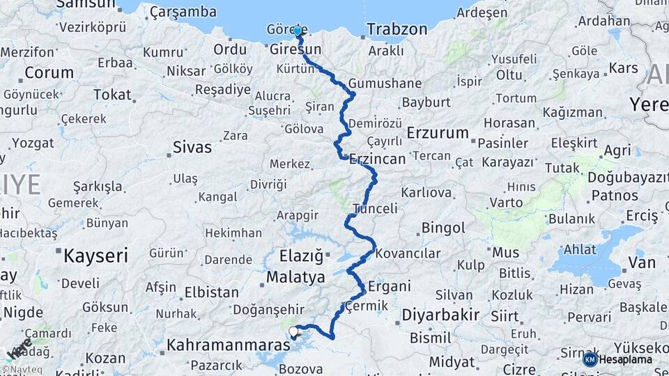 Giresun Tirebolu Menzil Kahta Adıyaman Arası Kaç Km - Yol Haritası