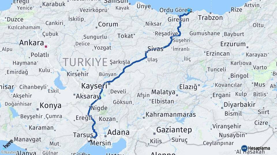 Giresun Tirebolu Mersin Arası Kaç Km - Yol Haritası
