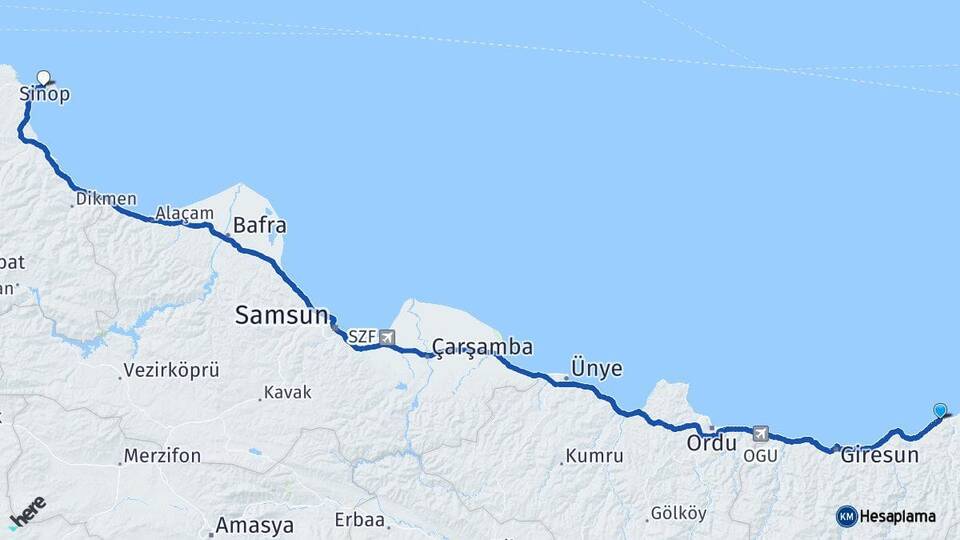 Giresun Tirebolu Sinop Arası Kaç Km - Yol Haritası