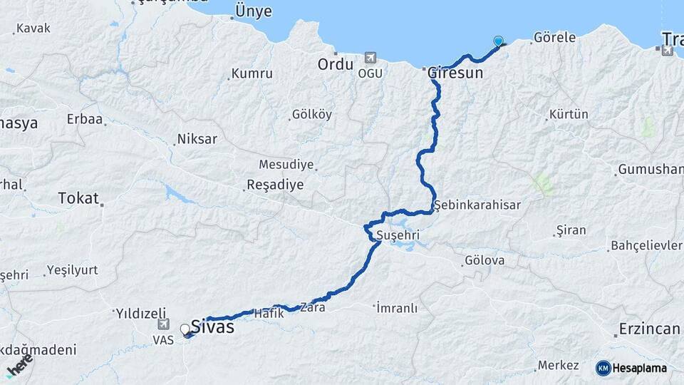 Giresun Tirebolu Sivas Arası Kaç Km - Yol Haritası