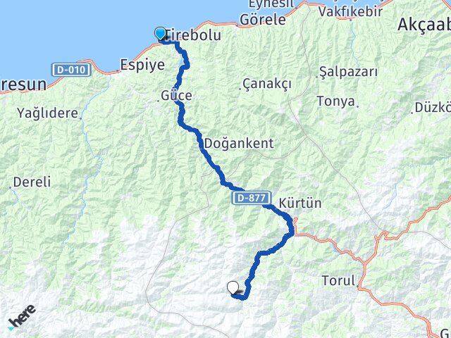 Giresun Tirebolu Söğüteli Kürtün Gümüşhane Arası Kaç Km - Yol Haritası