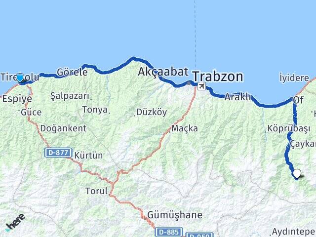 Giresun Tirebolu Uzungöl Çaykara Trabzon Arası Kaç Km - Yol Haritası