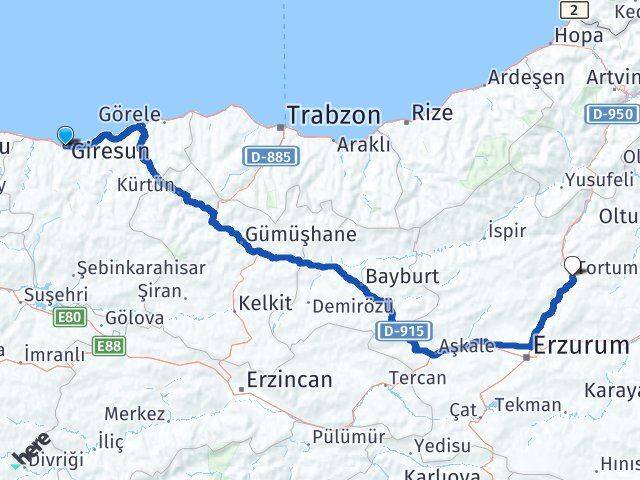 Giresun Tortum Erzurum Arası Kaç Km - Yol Haritası