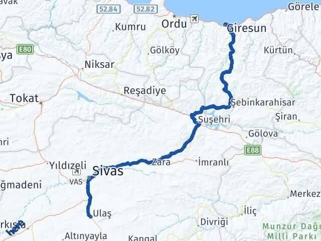 Giresun Ulaş Sivas Arası Kaç Km - Yol Haritası