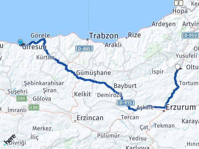 Giresun Uzundere Erzurum Arası Kaç Km - Yol Haritası