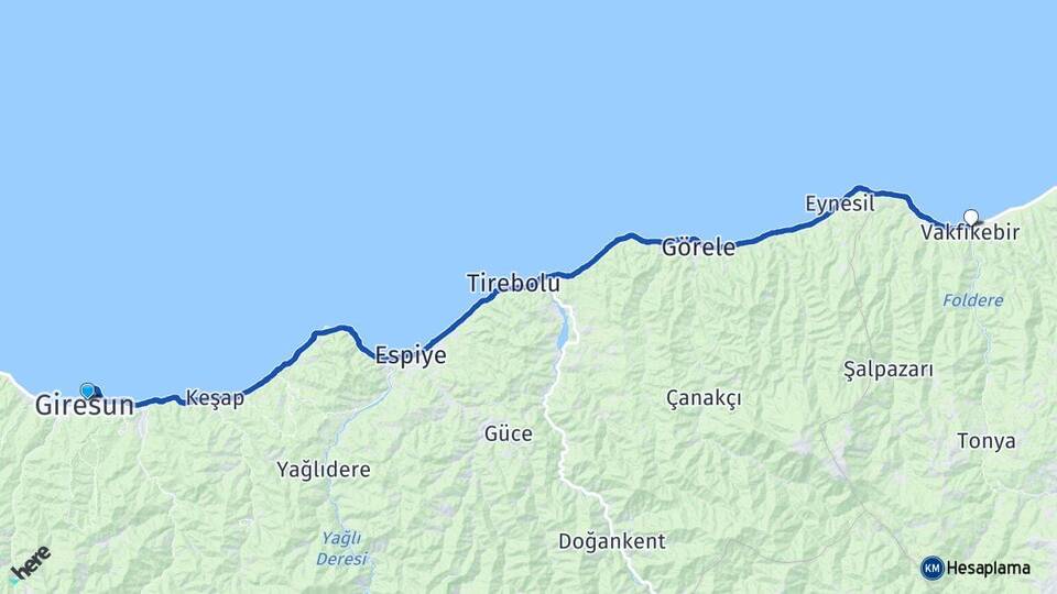 Giresun Vakfıkebir Trabzon Arası Kaç Km - Yol Haritası