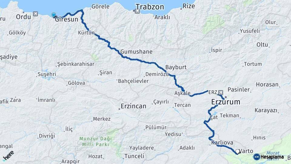Giresun Varto Muş Arası Kaç Km - Yol Haritası