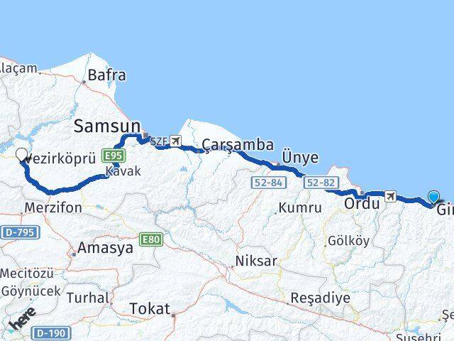 Giresun Vezirköprü Samsun Arası Kaç Km - Yol Haritası