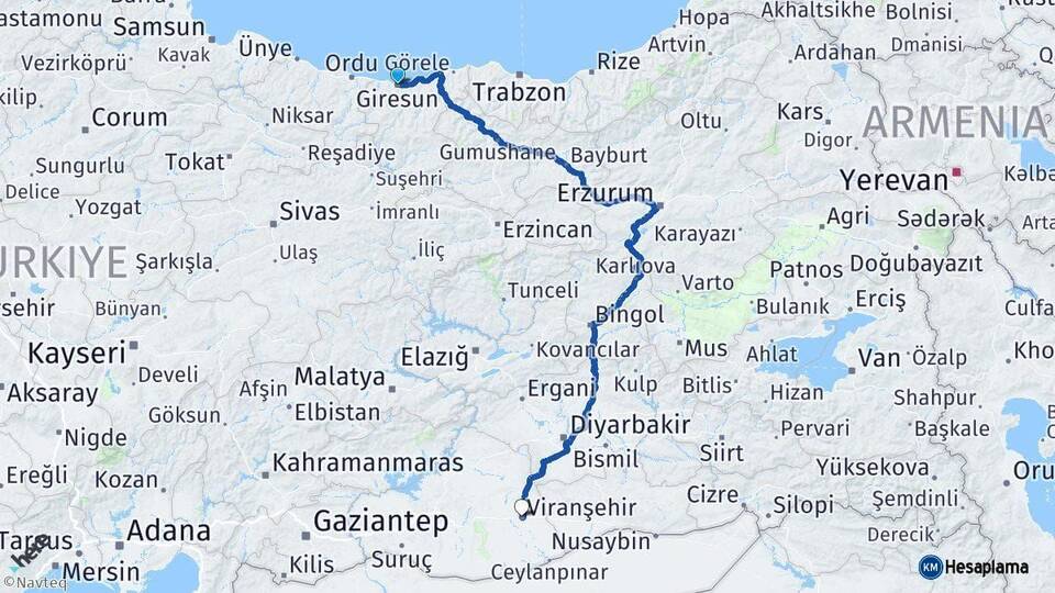 Giresun Viranşehir Şanlıurfa Arası Kaç Km - Yol Haritası