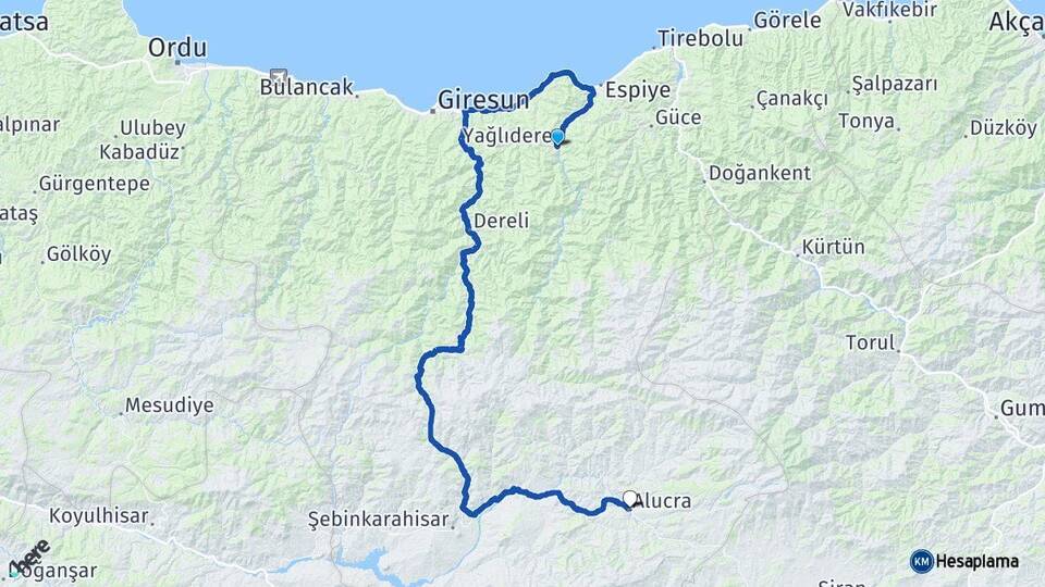 Giresun Yağlıdere Alucra Arası Kaç Km - Yol Haritası