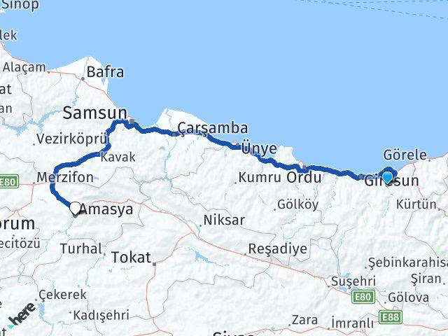 Giresun Yağlıdere Amasya Arası Kaç Km - Yol Haritası
