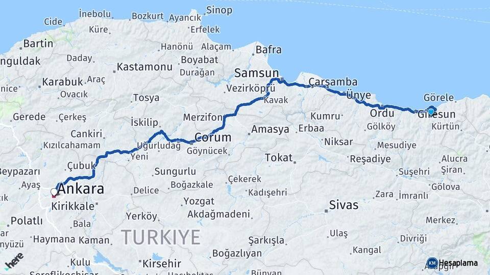 Giresun Yağlıdere Ankara Arası Kaç Km - Yol Haritası