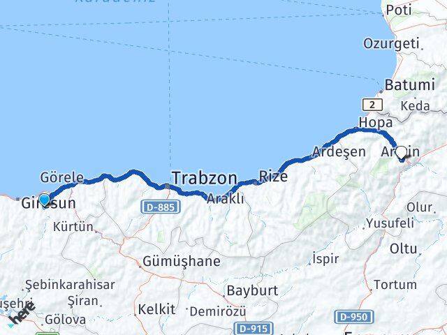 Giresun Yağlıdere Artvin Arası Kaç Km - Yol Haritası