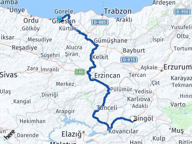 Giresun Yağlıdere Bingöl Arası Kaç Km - Yol Haritası