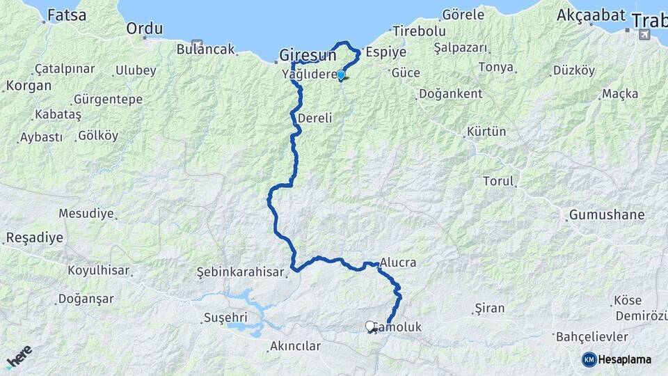 Giresun Yağlıdere Çamoluk Arası Kaç Km - Yol Haritası