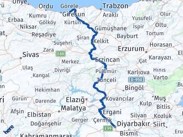 Giresun Yağlıdere Diyarbakır Arası Kaç Km - Yol Haritası