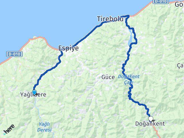 Giresun Yağlıdere Doğankent Arası Kaç Km - Yol Haritası