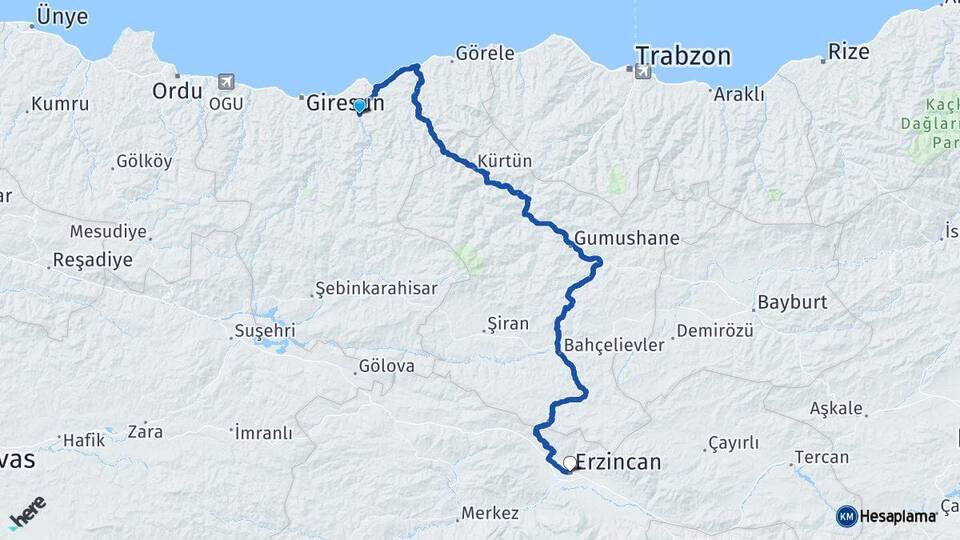 Giresun Yağlıdere Erzincan Arası Kaç Km - Yol Haritası