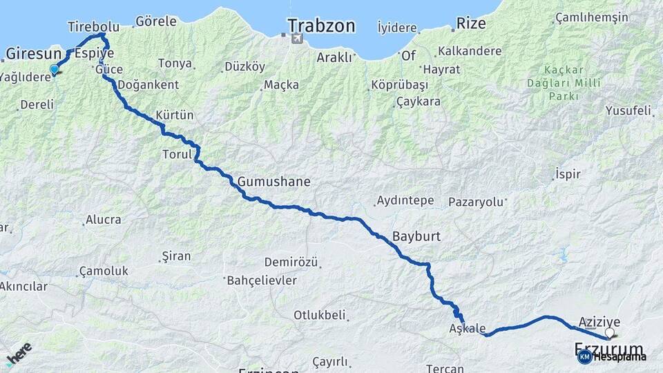 Giresun Yağlıdere Erzurum Arası Kaç Km - Yol Haritası