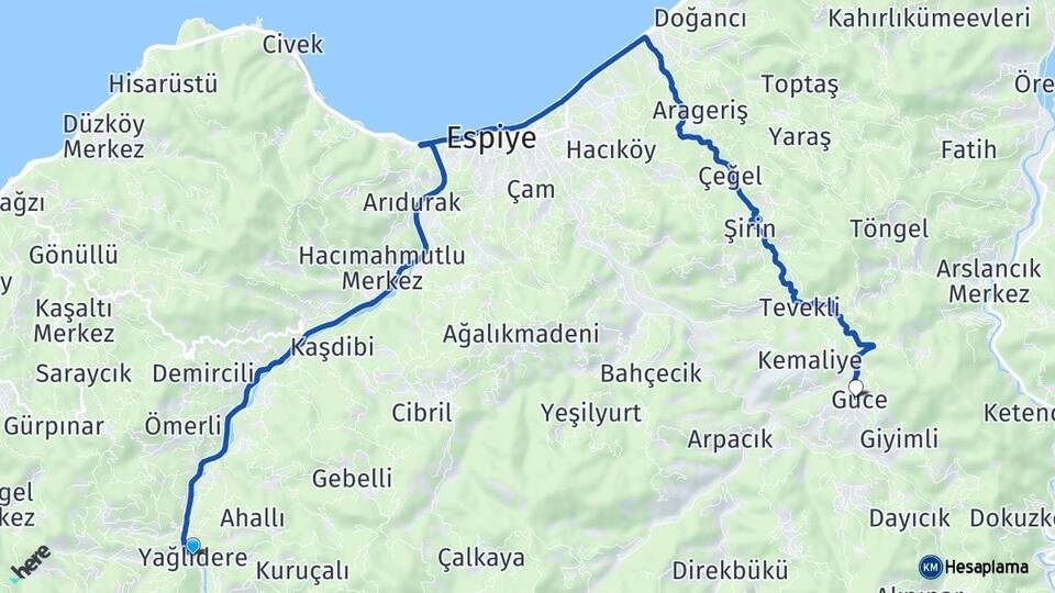 Giresun Yağlıdere Güce Arası Kaç Km - Yol Haritası