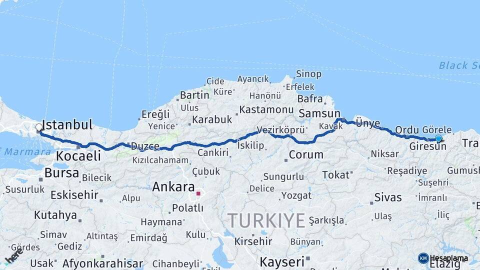 Giresun Yağlıdere İstanbul Arası Kaç Km - Yol Haritası
