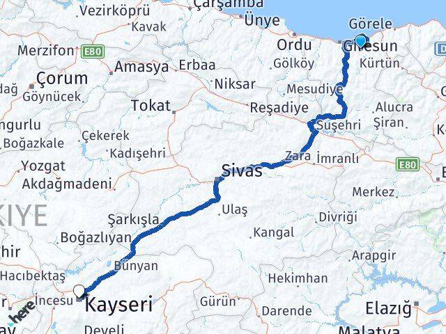 Giresun Yağlıdere Kayseri Arası Kaç Km - Yol Haritası