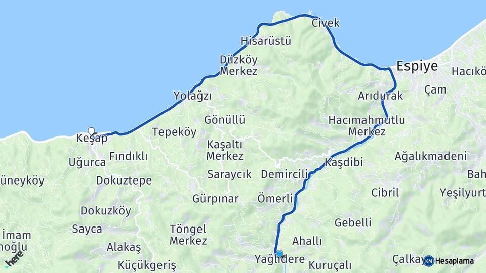 Giresun Yağlıdere Keşap Arası Kaç Km - Yol Haritası