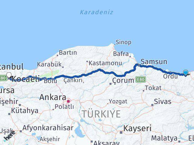 Giresun Yağlıdere Kocaeli Arası Kaç Km - Yol Haritası