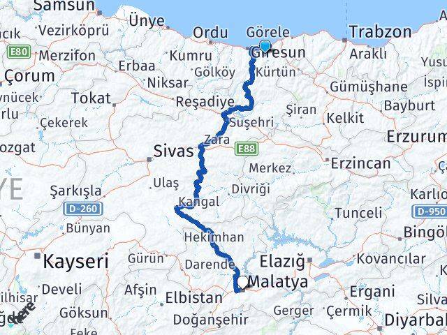 Giresun Yağlıdere Malatya Arası Kaç Km - Yol Haritası