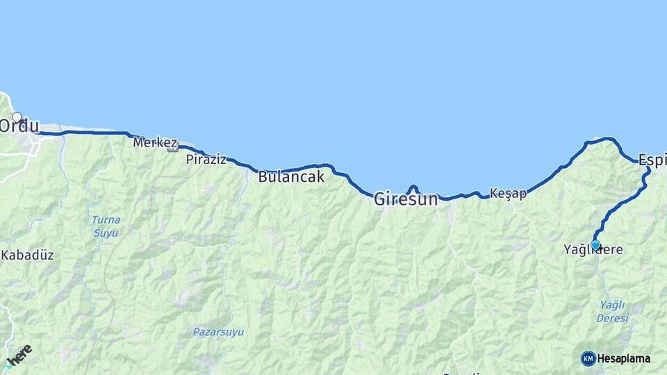 Giresun Yağlıdere Ordu Arası Kaç Km - Yol Haritası