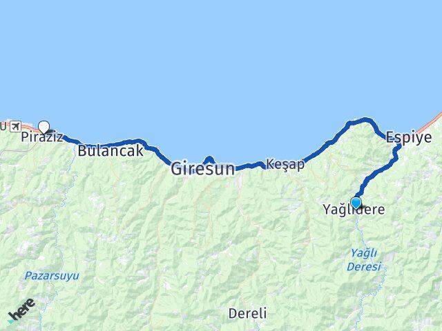 Giresun Yağlıdere Piraziz Arası Kaç Km - Yol Haritası