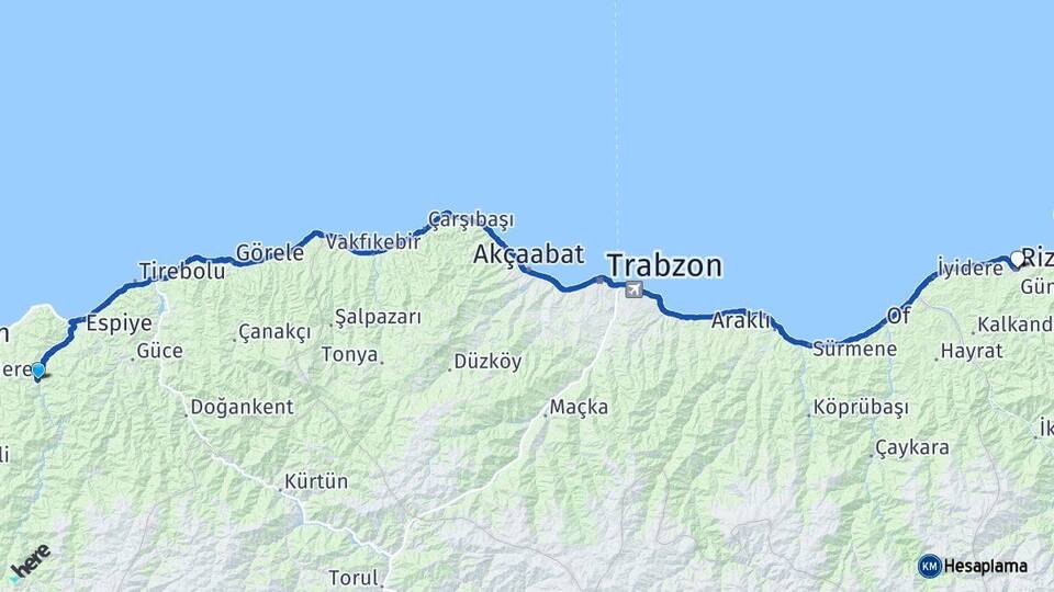 Giresun Yağlıdere Rize Arası Kaç Km - Yol Haritası
