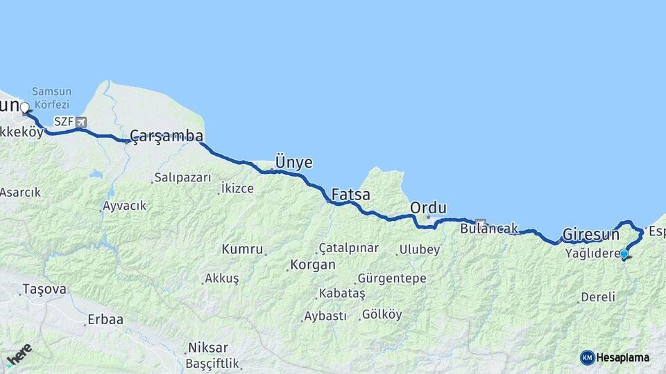 Giresun Yağlıdere Samsun Arası Kaç Km - Yol Haritası